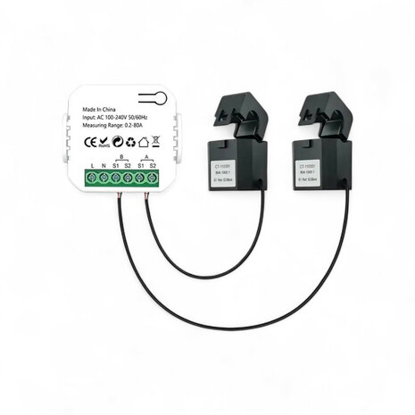 Energiemeter met 2 klemmen, WiFi 2.4GHz en 80A voor zonnepanelen (wit)