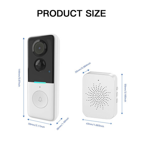 WiFi video deurbel 1080P Full HD met nachtzicht 5m en tweeweg-audio, zwart / wit