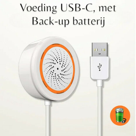 Draadloze Zigbee sirene 90dB met USB-C of batterijvoeding, wit