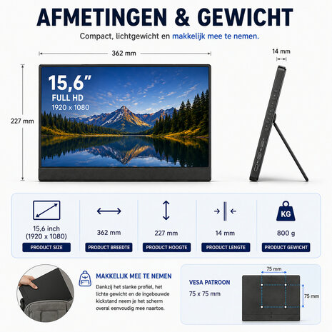 Draadloze Monitor 15,6 inch met Accu voor Laptop iPhone Android Zonder Kabels