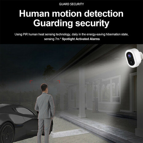 Beveiligingscamera met accu voor buiten met wifi, bewegingsdetectie, spotlight en tweeweg audio