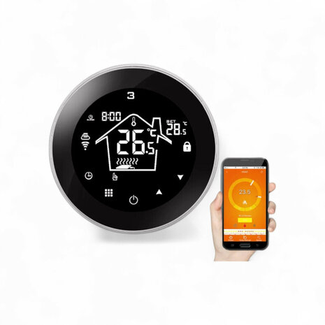 Slimme thermostaat voor elektrische vloerverwarming, inbouw, zwart touchscreen en wifi