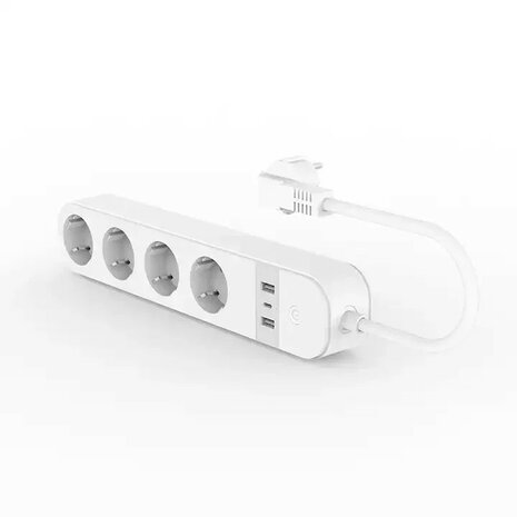 Slimme wifi stekkerdoos met 4 stopcontacten, 2 USB-A en 1 USB-C, wit