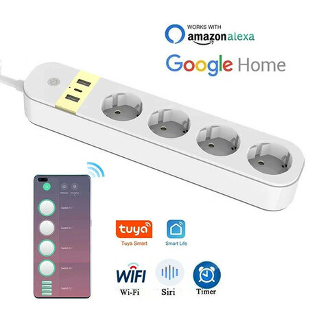 Slimme wifi stekkerdoos met 4 stopcontacten, 2 USB-A en 1 USB-C, wit