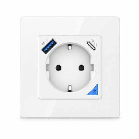 Inbouw stopcontact voor opladen met USB en USB-C PD met WiFi bediening wit (glaspaneel)