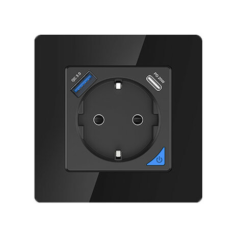 Inbouw stopcontact voor opladen met USB en USB-C PD met WiFi bediening en zwart (glaspaneel)