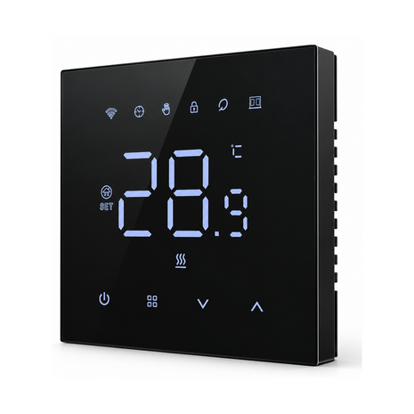 Wifi inbouw thermostaat voor elektrische vloerverwarming met zwart touchscreen en app bediening