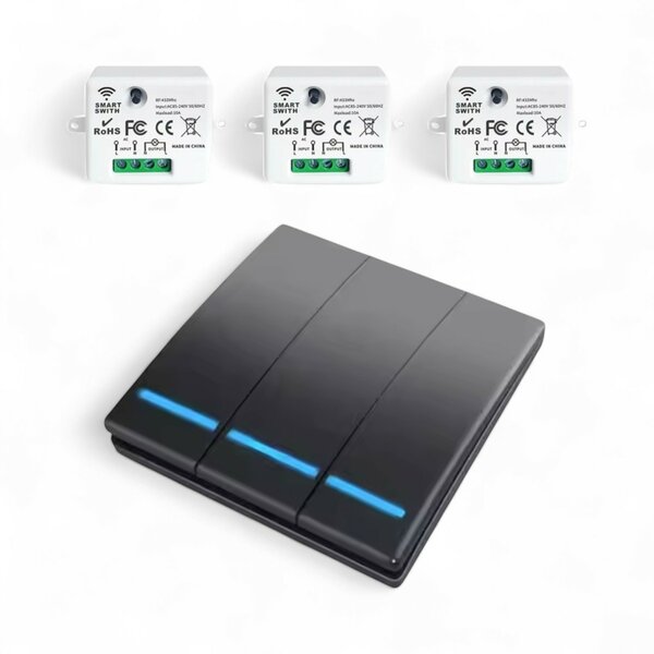 RF 433Mhz Slimme Draadloze Schakelaar Zwart (3-knoppen) - SET