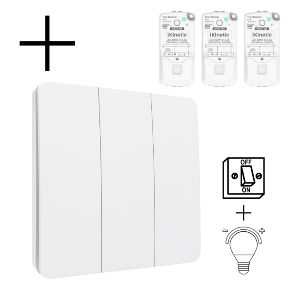 Draadloze Wandschakelaar Wit (Kinetisch) 3-Voudig Aan/Uit + Dimmer - Set