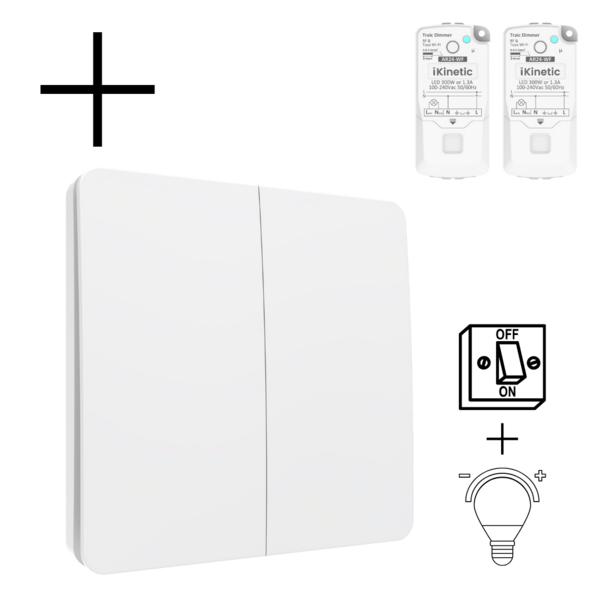 Draadloze Wandschakelaar Wit (Kinetisch) 2-Voudig Aan/Uit + Dimmer - Set