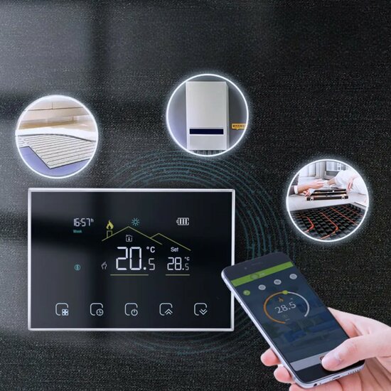 Wifi Draadloze Thermostaat met Touchscreen voor alle type verwarming (zwart)