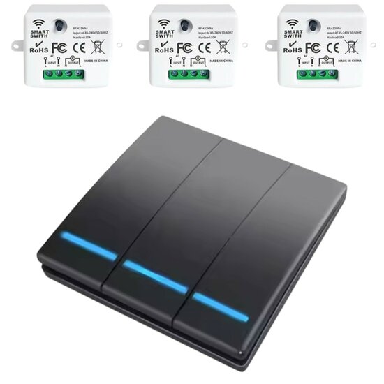 RF 433Mhz Slimme Draadloze Schakelaar Zwart (3-knoppen) - SET