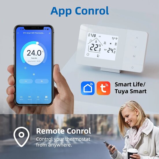 Wifi Draadloze Thermostaat met Tiptoetsen voor C.V. Installatie (zwart)