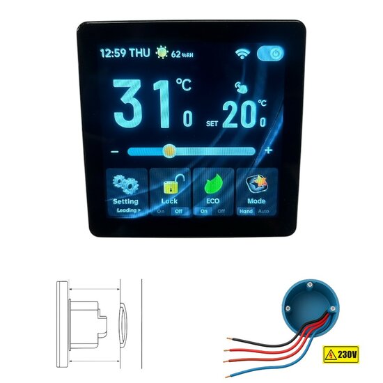 Wifi Inbouw Thermostaat met Full Screen TFT voor C.V. Installatie (zwart)