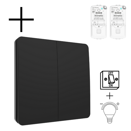 Draadloze Wandschakelaar Zwart (Kinetisch) 2-Voudig Aan/Uit + Dimmer - Set
