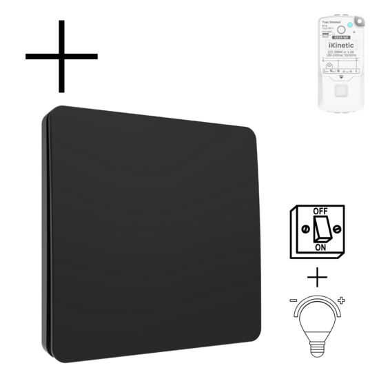 Draadloze Wandschakelaar Zwart (Kinetisch) 1-Voudig Aan/Uit + Dimmer - Set