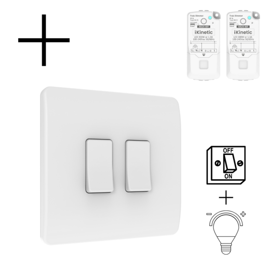 Draadloze Wandschakelaar Wit (Batterij) 2-Voudig Aan/Uit + dimmer - Set