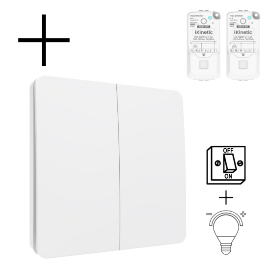 Draadloze Wandschakelaar Wit (Kinetisch) 2-Voudig Aan/Uit + Dimmer - Set
