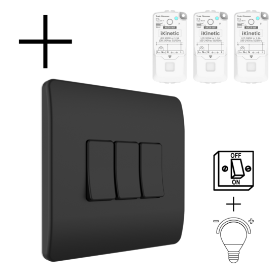 Draadloze Wandschakelaar Zwart (Batterij) 3-Voudig Aan/Uit + dimmer - Set
