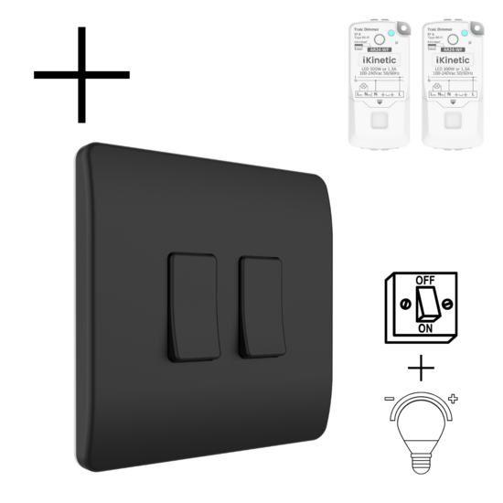 Draadloze Wandschakelaar Zwart (Batterij) 2-Voudig Aan/Uit + dimmer - Set