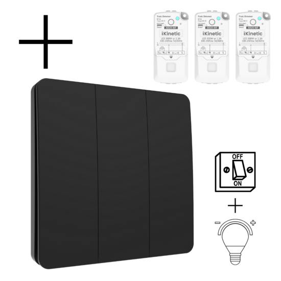 Draadloze Wandschakelaar Zwart (Kinetisch) 3-Voudig Aan/Uit + Dimmer - Set
