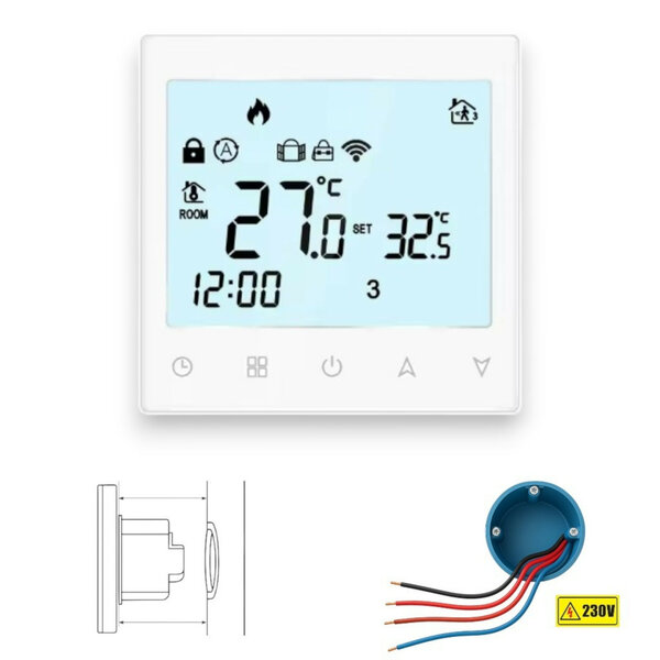 Wifi inbouw thermostaat met touchscreen voor CV installatie en boilers wit modern design