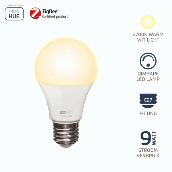 Slimme ledlamp voor verlichting met E27 fitting en warm wit licht van 2700K geschikt voor ZigBee systemen zoals Philips Hue en Ikea Tradfri