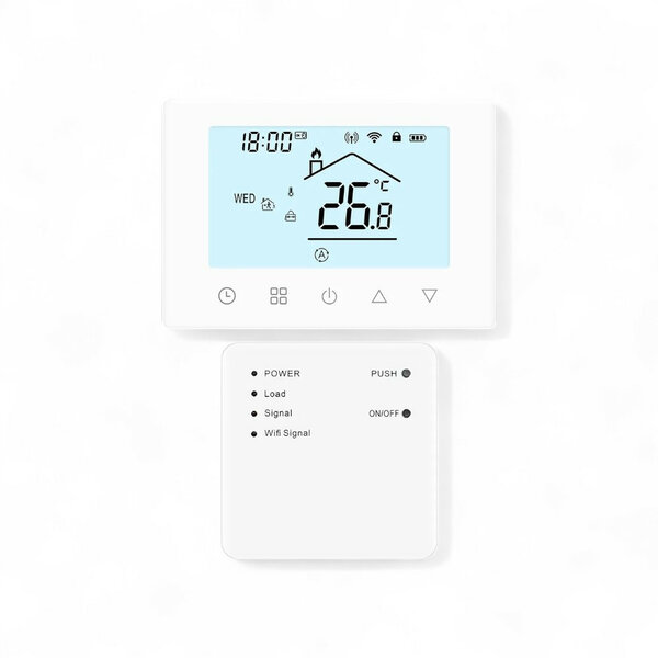 Thermostaat voor CV en boiler met touchscreen draadloze bediening en app spraakbediening wit
