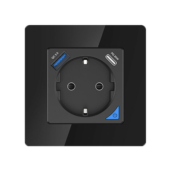 Inbouw stopcontact voor opladen met USB en USB-C PD met WiFi bediening en zwart (glaspaneel)